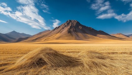 Golden field, hay bale, mountain range, bright sky
