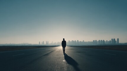 Lone man walking on an empty wide road with city skyline in distant foggy horizon.