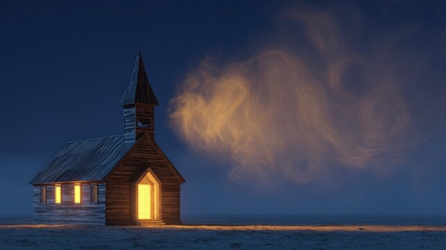 Scenery of a small wooden church with steeple at night under cloudy sky with glowing windows.