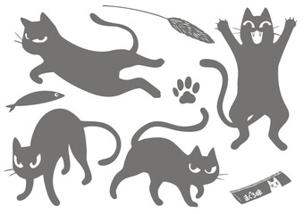ベクター　目つきの悪い漫画タッチの黒猫4ポーズと猫グッズ　グレー単色