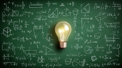 Creative light bulb surrounded by complex mathematical and scientific formulas on green chalkboard background.