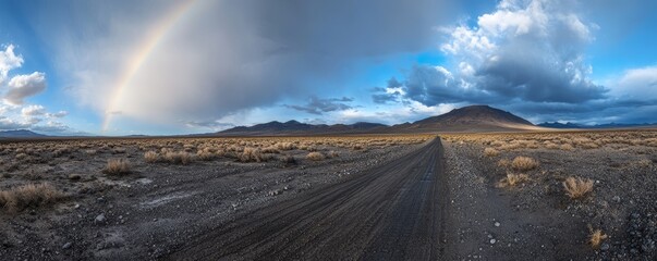 Desert Road Under Dramatic Sky with Rainbow (2)