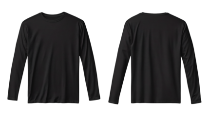 Plain black long sleeve t-shirt mockup front and back view on transparent background