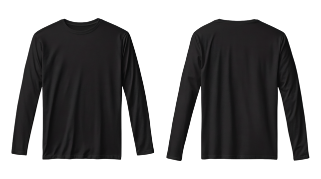 Plain black long sleeve t-shirt mockup front and back view on transparent background