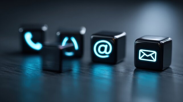 Close-up of four illuminated digital communication icons on black cubes displaying call email internet and at symbols on dark background. - Powered by Adobe