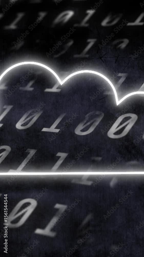 Poster animation of cloud icon flickering over changing binary coding on black background