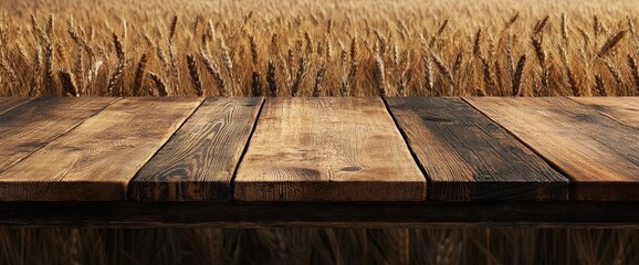 Rustic wooden table in wheat field
