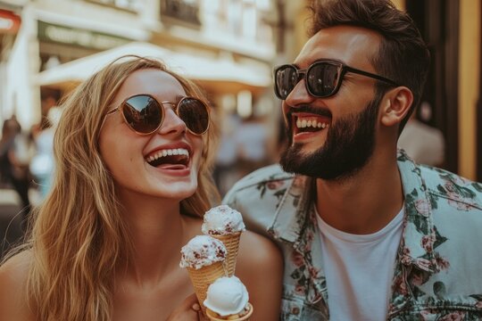 Travel lifestyle moment, couple sharing laughter and ice cream on European trip - Powered by Adobe