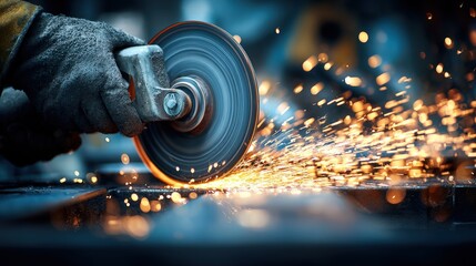 Worker using a handheld angle grinder cutting metal with sparks flying in industrial setting.