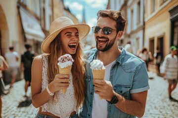 Travel lifestyle moment, couple sharing laughter and ice cream on European trip