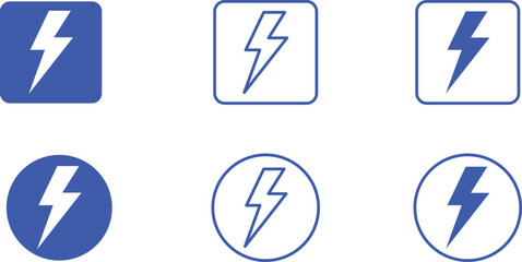 Electric Bolt Icon Set – Blue Lightning Symbols in Rounded and Square Frames with Filled and Outline Styles – Energy Vector Graphics for Power, Speed, Electricity, and Tech Interfaces