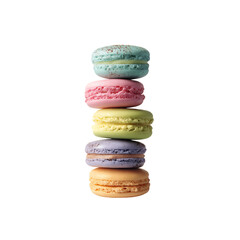 Colorful macarons stacked isolated on a transparent background, in a PNG format