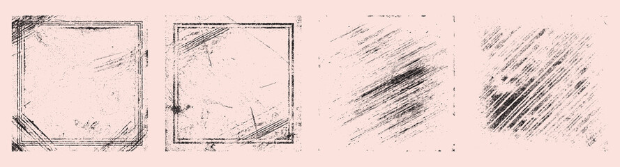 Grunge photo frame overlays with diagonal scratch and dust textures. Vintage distressed square borders.