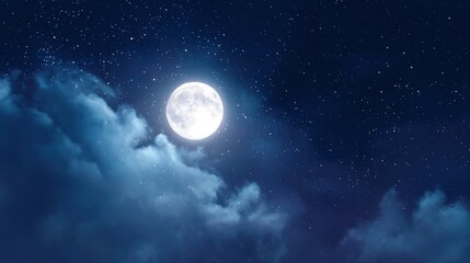 Naklejka premium Bright full moon illuminating cloudy night sky with stars in a peaceful scene.