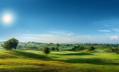 Obraz premium Beautiful green grass field with a blue sky and sun in a golf course landscape background, a nature outdoor beauty panorama view. 