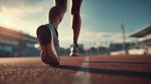 Long distance runner in start position on outdoor track preparing for race at sunset. - Powered by Adobe