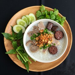 Vietnamese cháo lòng rice porridge with pork offal and blood pudding, garnished with fried shallots, arranged with fresh herbs like scallions and cilantro on A Teak Wood Platter
