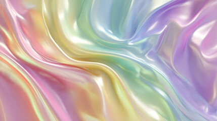 Smooth gradient waves with pearlescent rainbow colors blending soft pastel hues and flowing shapes to create a dreamy and luminous visual effect