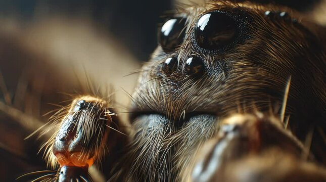 Extreme macro video close-up of a spider&rsquo;s hairy face showing multiple dark glossy eyes sharp facial hairs and intricate texture under dramatic natural light with shallow depth