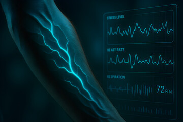 The skin on the forearm glows with a soft turquoise pattern of veins, visualizing stress levels. Nearby are translucent digital graphs