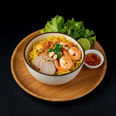 a bowl Vietnamese mì quảng with turmeric rice noodles, pork, shrimp, and peanuts, drizzled with fish sauce, arranged with fresh herbs like lettuce and cilantro on A Teak Wood Platter