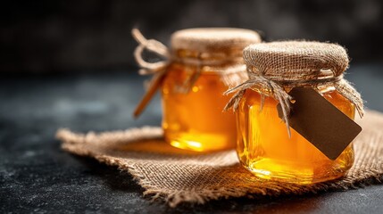 Close up of two glass jars filled with honey on a rustic fabric surface with blurred background.