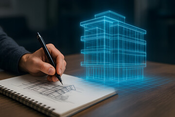 The designer's hand sketches a building on paper, and the AI instantly generates an optimized 3D model above the table.
