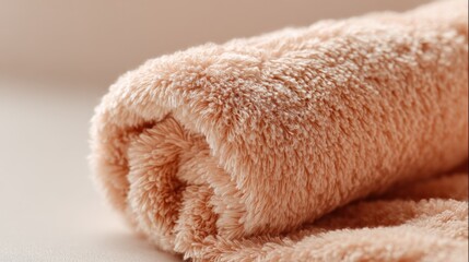 Close up of a soft, fluffy beige towel rolled for bathroom or spa use.
