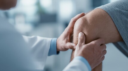 Medical professional examining patient's knee during orthopedic consultation in clinic.