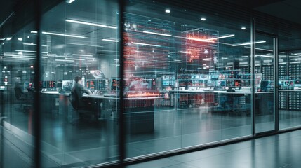 High tech control room with digital displays servers and operators in modern facility.