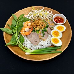  Vietnamese hủ tiếu nam vang with rice noodles, pork, shrimp, and quail eggs in a clear broth, garnished with fried garlic, arranged with fresh herbs like chives and cilantro on A Teak Wood Platter