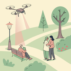 Fototapeta premium Drone flies over a park with people, trees, bench, and lamp post in a peaceful outdoor scene depiction