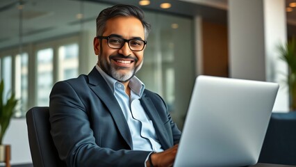 Fototapeta premium Confident Middle Aged Businessman Working on Laptop in Modern Office Smiling