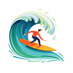 vector illustration of a surfer riding a giant wave, foam splash and curved shapes