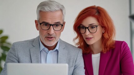 Mature Business Colleagues Collaborating on Laptop Serious Expressions Office Setting