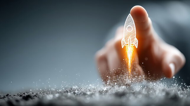 Launching business startup rocket with hand gesture beginning a financial venture new project futuristic innovation successful enterprise digital strategy idea and investment