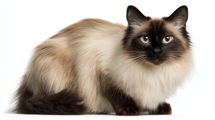 Elegant Siamese cat with striking blue eyes and long fluffy fur sitting white background.