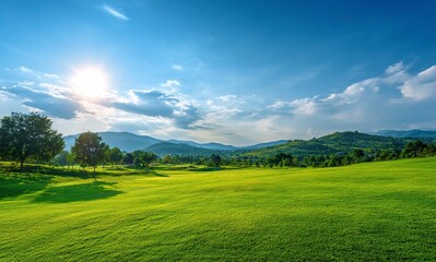 Naklejka premium Beautiful green grass field with a blue sky and sun in a golf course landscape background, a nature outdoor beauty panorama view. 