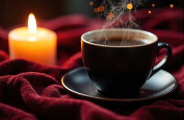 Cup of hot coffee with steam rising, placed on a saucer on a red velvet cloth with a lit candle in the background