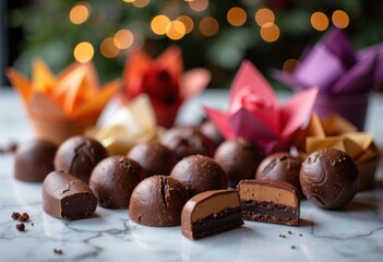 Assorted chocolate truffles and candies with colorful paper wrappers on a marble surface