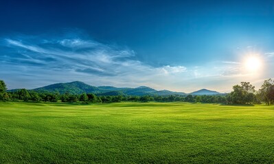 Obraz premium Beautiful green grass field with a blue sky and sun in a golf course landscape background, a nature outdoor beauty panorama view. 