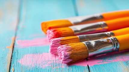 Obraz premium Close-up of colorful paintbrushes with pink paint on a turquoise wooden surface.