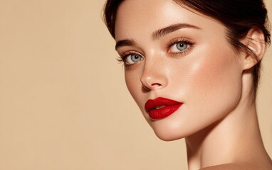 Fototapeta premium Beautiful woman with red lipstick and perfect face makeup on a beige background, close-up portrait of a beautiful fashion model posing in a studio. Fashion concept for the beauty industry. Copy space 