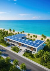 Obraz premium Eco-friendly beachfront home with solar panels coastal area architectural design tropical environment aerial view modern living