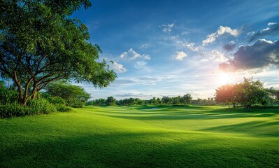 Beautiful green grass field with a blue sky and sun in a golf course landscape background, a nature outdoor beauty panorama view. 