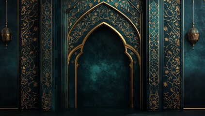 Islamic archway, teal and gold patterned wall, ornate design.