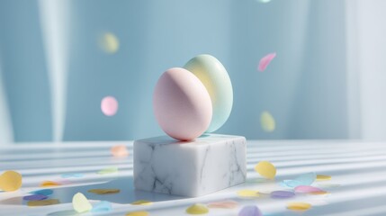 Elegant pastel easter eggs on marble pedestal with falling confetti and soft background.