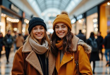 Fototapeta premium Two smiling women wearing warm coats and hats in a busy indoor shopping mall