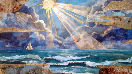 Mixed media collage of a dramatic ocean scene with crashing waves, golden sunbeams, and a sailboat under moody clouds