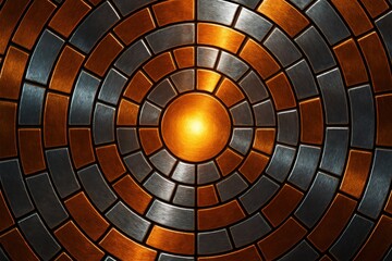 Fototapeta premium Futuristic concentric metal tile pattern with glowing orange center
